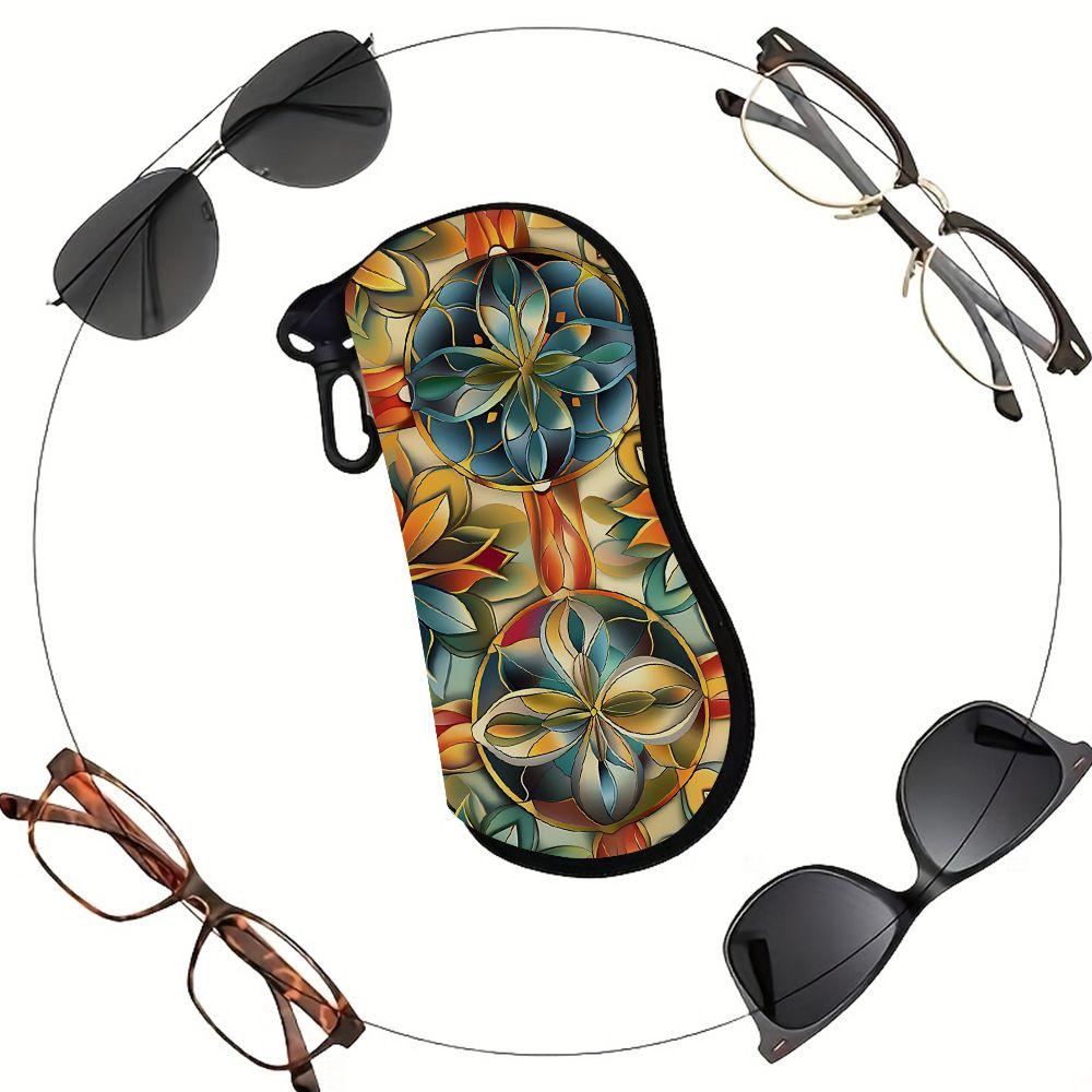 2D-Bohemian Floral Printed Protective Sunglasses Case, Vintage Mandala Style Eyewear Storage Pouch, Lightweight Zipper Glasses Holder for Travel