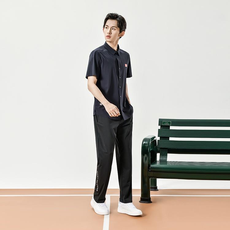 Li-Ning Однотонная дышащая легкая быстросохнущая рубашка с коротким рукавом на пуговицах мужские рубашки темно-синего цвета ASHT469-1