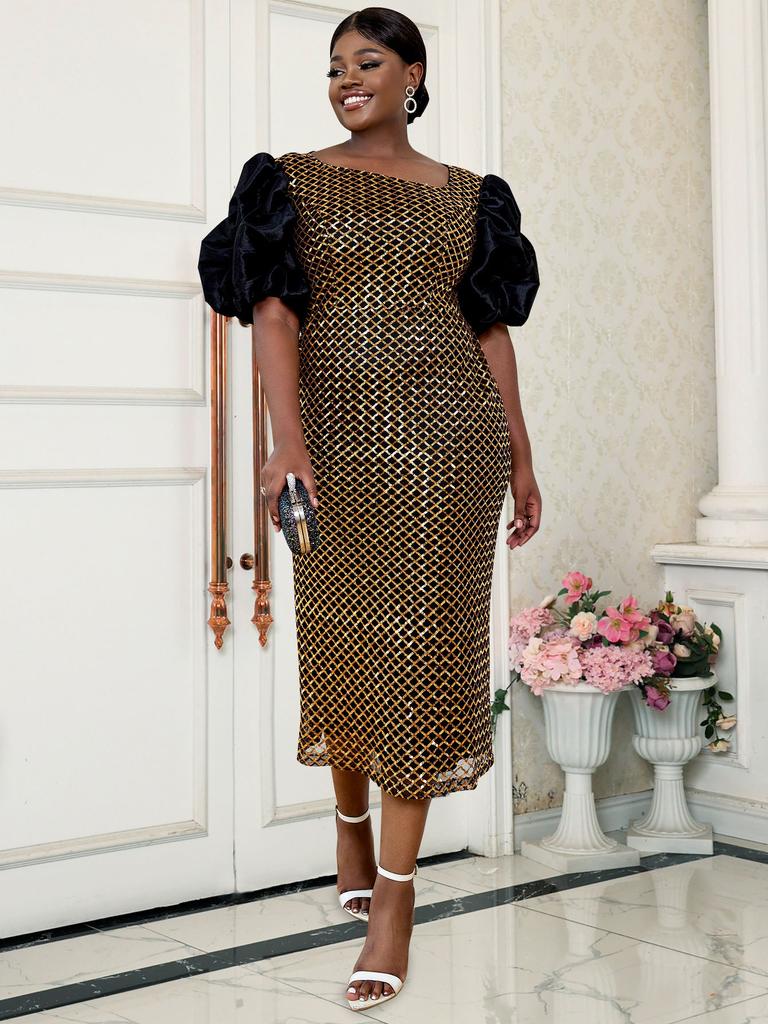 AOMEI Блестящие блестящие платья для женщин с асимметричным вырезом и пышными рукавами, элегантное женское повседневное вечернее клубное платье, праздничное длинное платье