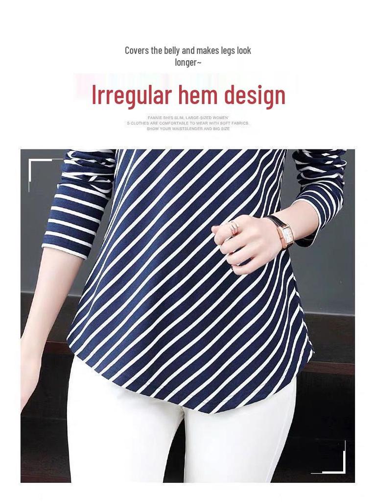 2022 Plus Size Women's Long Sleeve Striped T-Shirt - Loose Fit, Fashionable Spring/Autumn Top for Moms