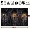A Gothic castle background, ancient brick and stone walls of a medieval castle, decorated with universal party banners