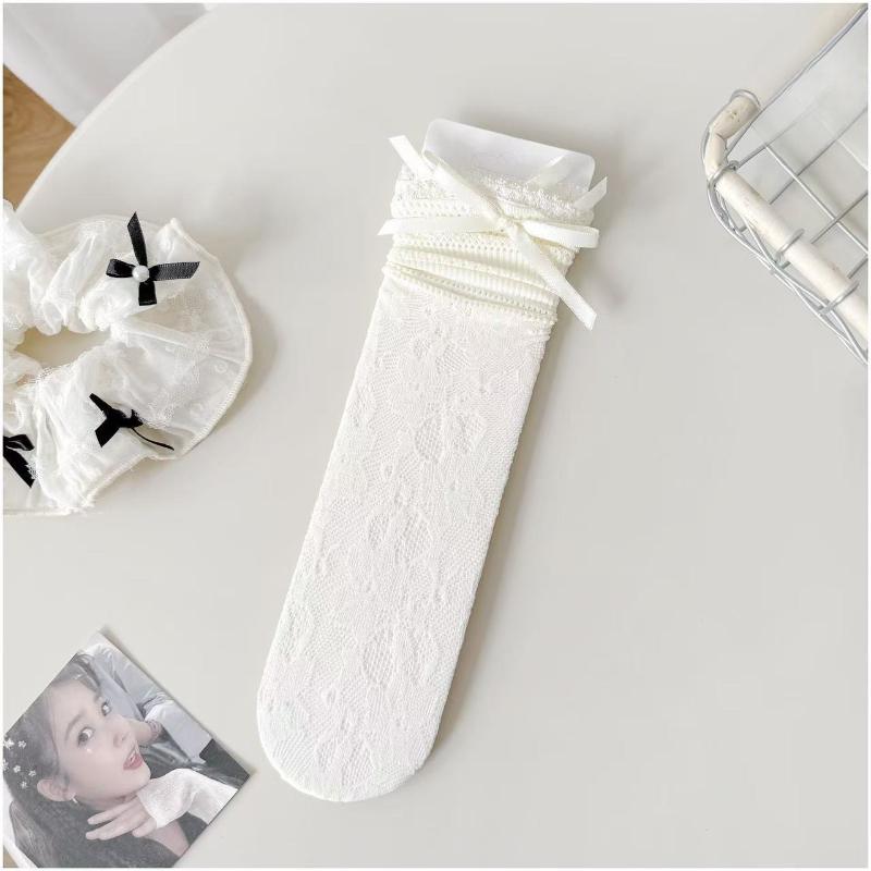 Lolita Socks for Women's Spring and Summer, Bow Lace Lace, Solid Color Pile Socks, Breathable Mid-calf Socks