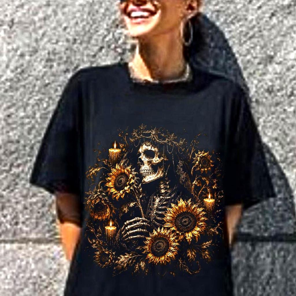 Haunted Garden Sunflower Floral Shirt, Soft Spooky Skeleton Tee, Halloween Flower Shirt
