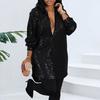 Women Shirt Dress Shiny Sequin Single-breasted Turn-down Collar Long Sleeve Loose Buttons Mid Length Casual Cardigan Lady Blouse Mini Dress