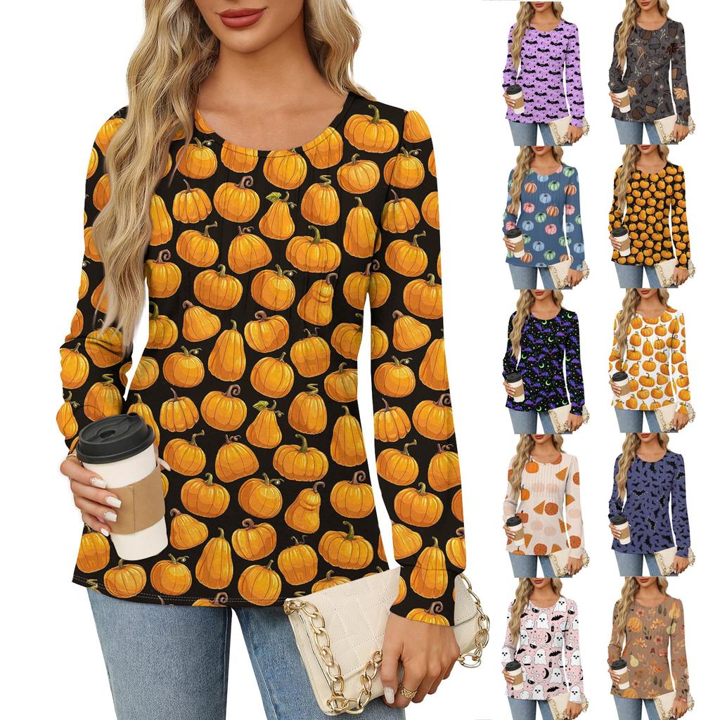 Long Sleeve Shirts For Women Cute Print Graphic Tees Blouses Dressy Casual Blouses Pleated Scooped Neck Tunic Tops Halloween