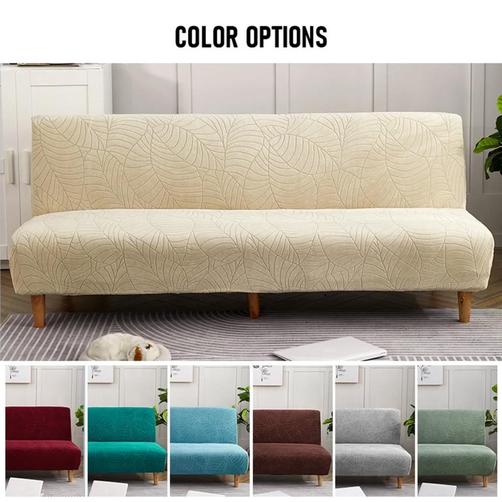 1Pc Large Size Water Resistant Leaf Texture Jacquard Stretch Armless Sofa Bed Cover Spandex Non Slip Soft Couch Slipcover