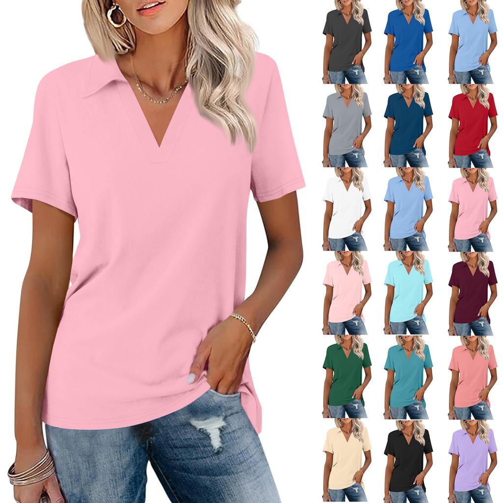 Women's Short Sleeves T Shirts Summer V Neck Shirts Collared Casual Basic Tees Blouse