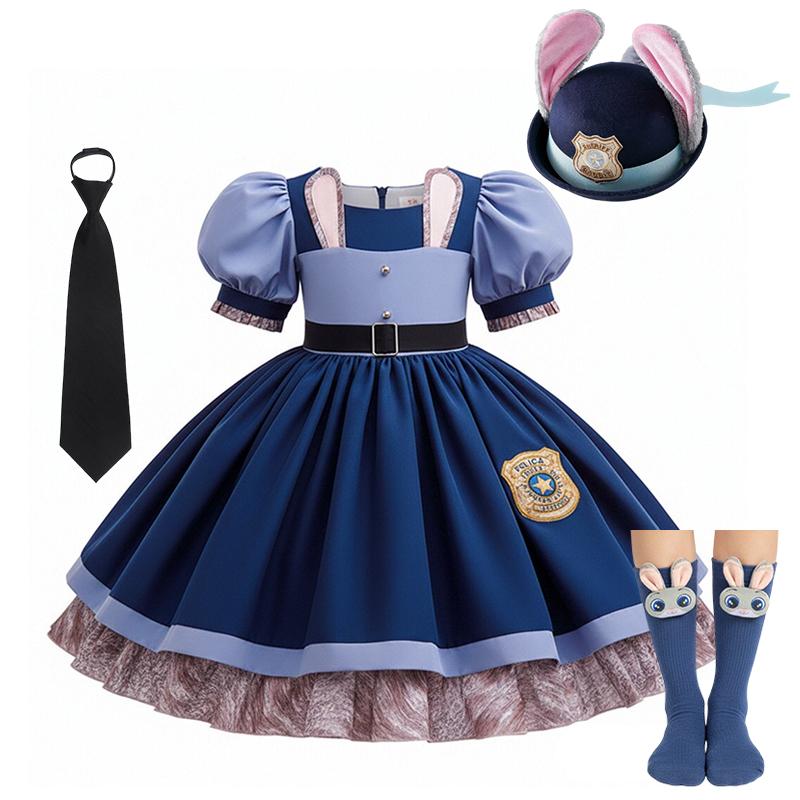 Girl Cosplay  Judy Hopps Police Officer Dress Zootopia Bunny Costume Kids Dress Up Halloween Rabbit Dress Outfits