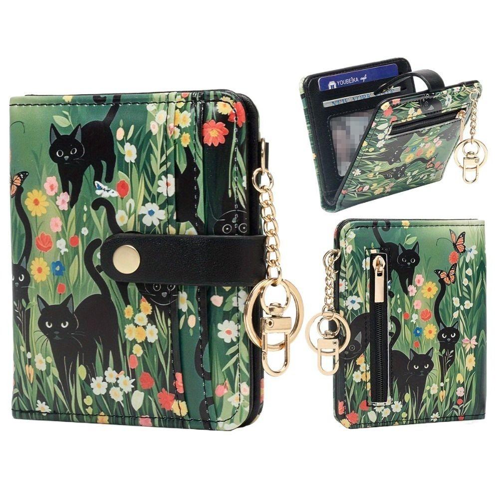 Cute RFID Card Holder PU Leather Ultra-Thin Coin Bag Compact Black Cat Floral Women Wallet Daily Use