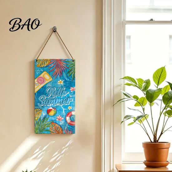 Decorative Wooden Sign Summer Hanging Sign, Welcome Front Door Decor with Yard Ornament Rope, Colorful Hanger for Seasonal Farmhouse Beach House Home