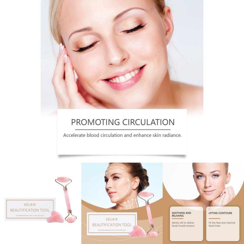 Eelhoe Роллер из розового кварца Массажный набор для успокоения кожи, подтяжки, инструмент для ухода за красотой