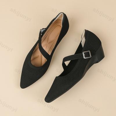 Модная летне-осенняя женская обувь Мэри Джейн 2025 Новые удобные туфли-лодочки с острым носком Дышащие вязаные клинья Женская повседневная обувь Zapatos Mujer