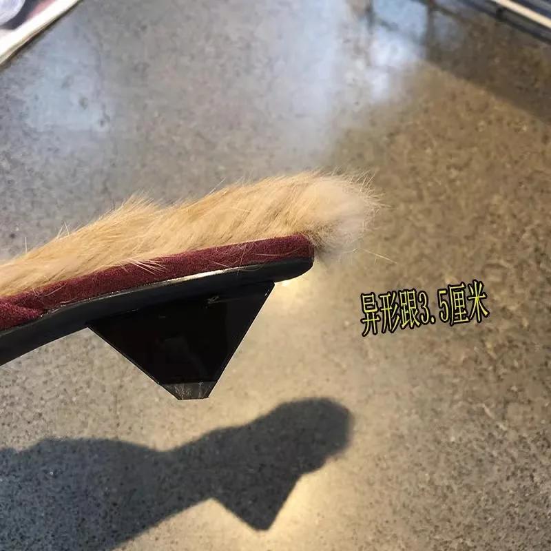 New Women Fur Slippers Pointed Toe Women Mules Slipper Fashion Ladies Elegant Dress Sandal Square Low Heel Slip On Slides Shoes