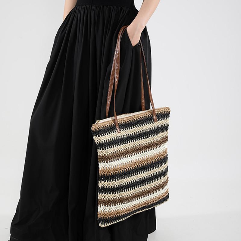 Women Fashion Striped Summer Beach Straw Knitting Shoulder Bag Handwoven Handbags Portable Large Capacity Casual Tote CLE