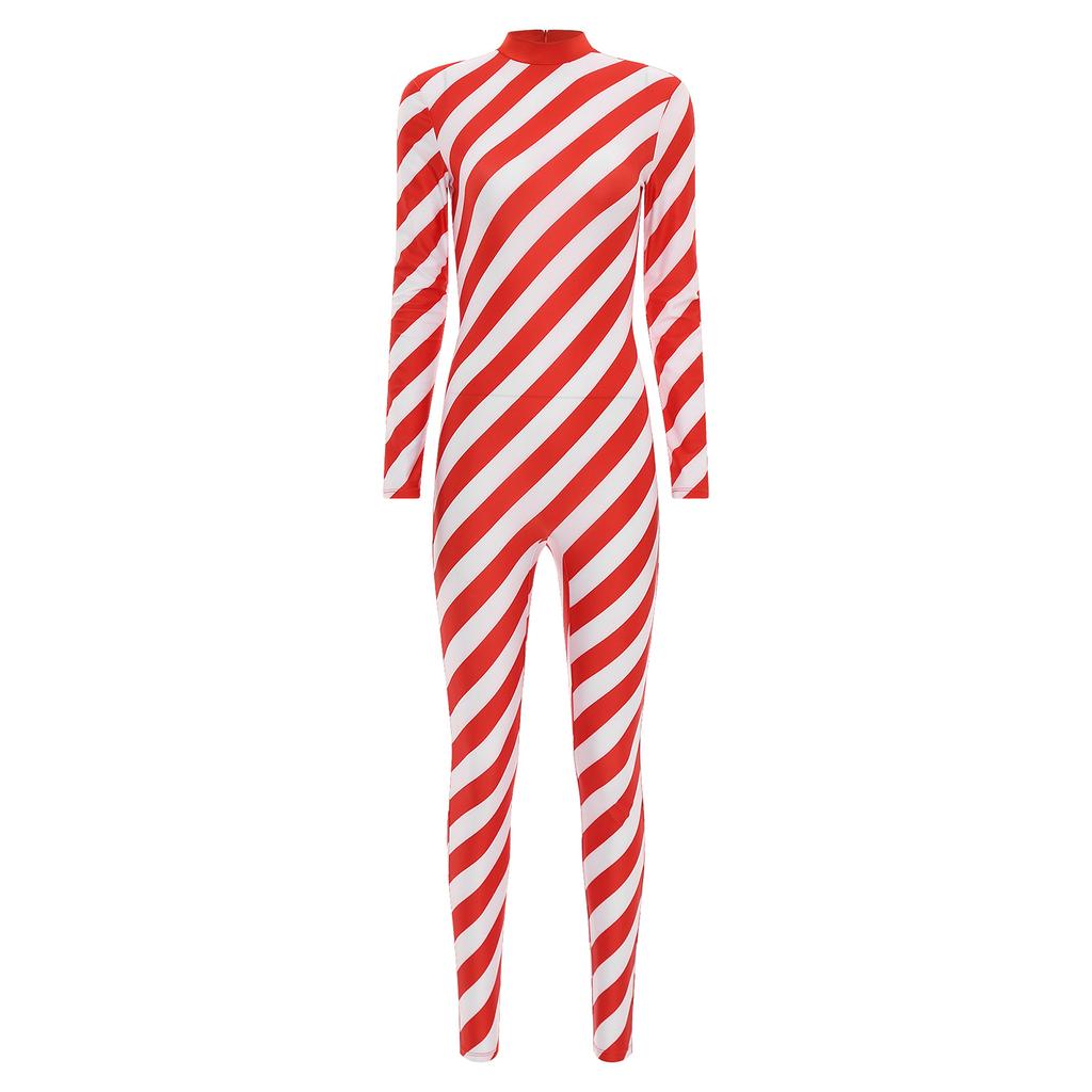 Womens Christmas Candy Cane Bodysuit Costume Mock Neck Long Sleeve Back Zipper Contrast Unitard Jumpsuit