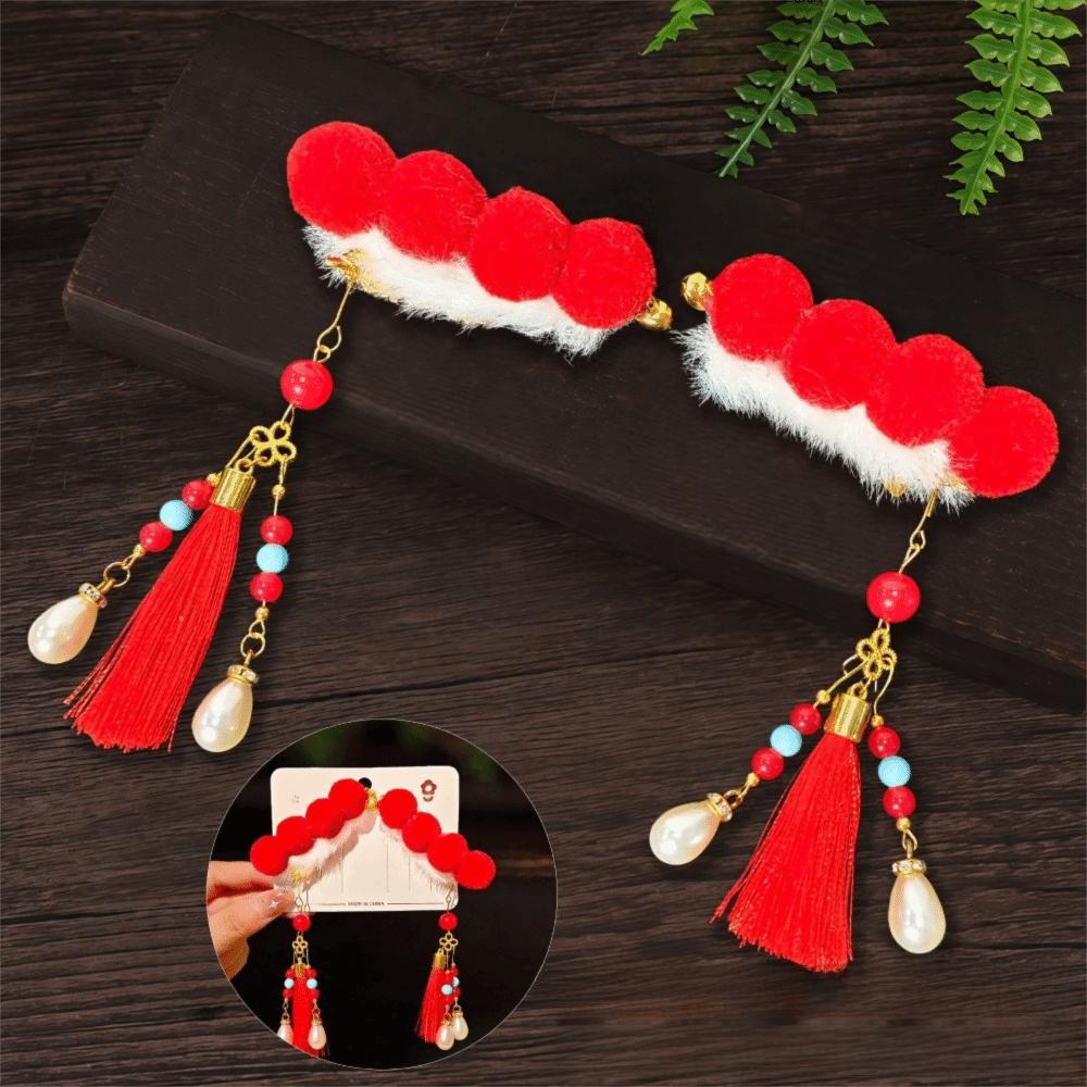 1 Pair Flower Hanfu Red Hair Clips Pearl Bow Tassel Hairpin New Year Headwear  Children
