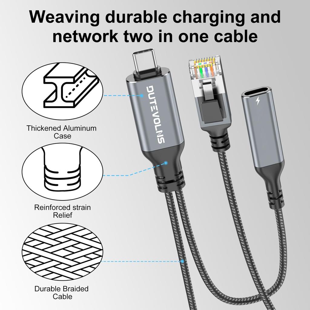Кабель Ethernet Dutovolns 3 м с разъемом «мама» на RJ45 60 Вт PD Быстрая зарядка Гигабитная локальная сеть Нейлон Прямой Совместимый с MacBook Подключение к Интернету и Зарядка