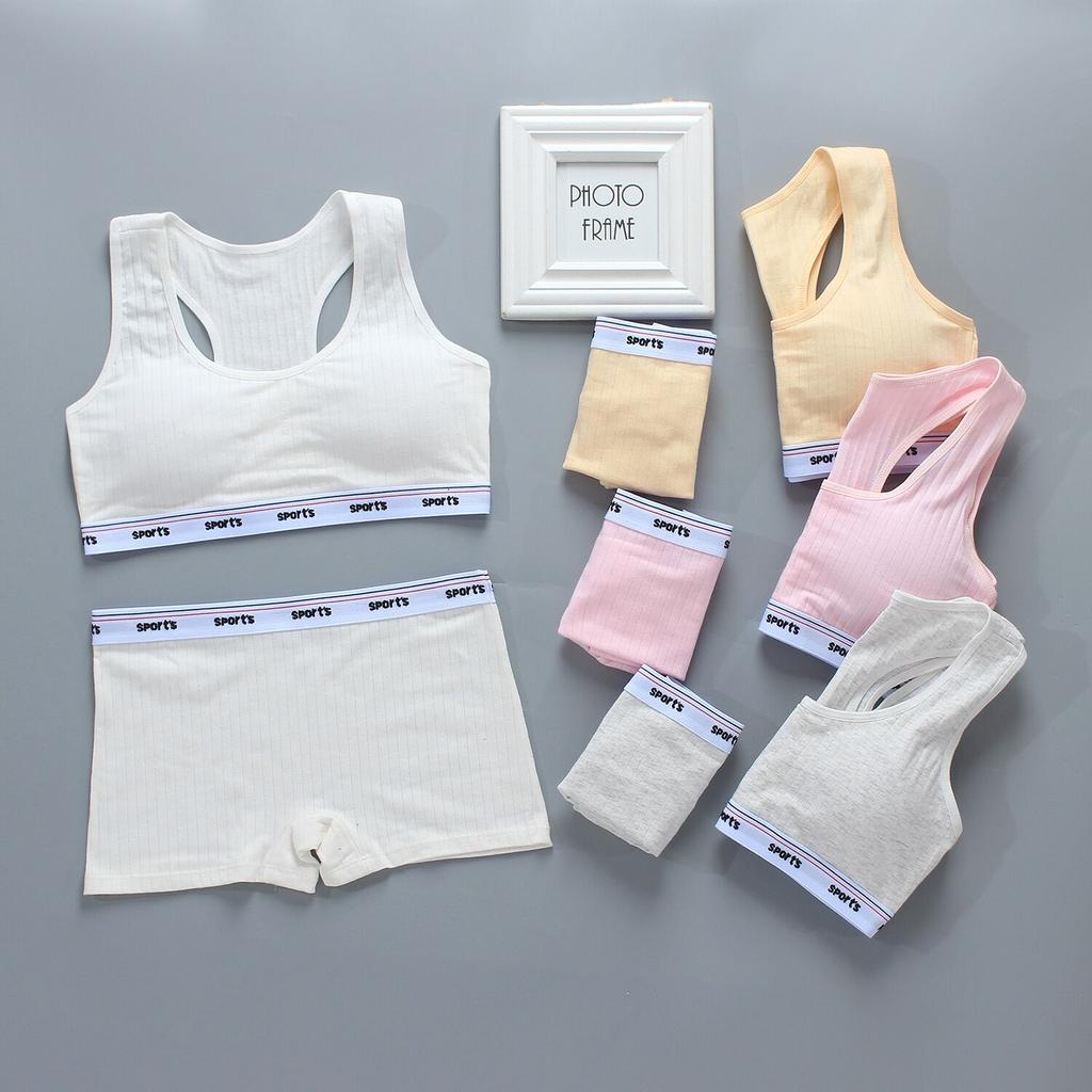 Комплект спортивного бюстгальтера для девочек-подростков, нижнее белье для спортзала, спортивный бюстгальтер без проводов для девочек, хлопок + трусики, 8-14 лет