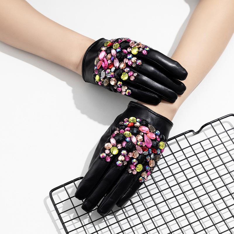 Leather Gloves for Women Short Sheepskin and Colorful Diamond Clothing and Accessories Fashionable and Warm Gloves