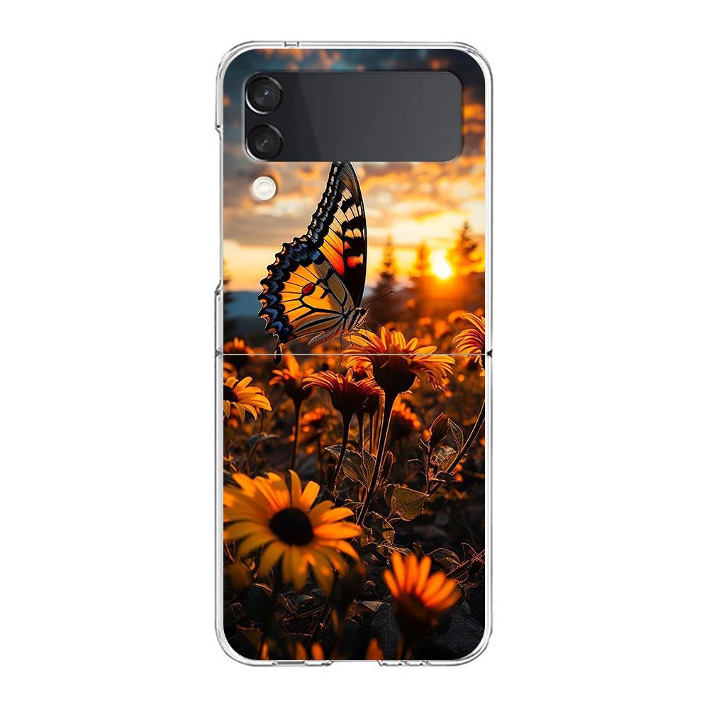 Чехол для телефона Samsung Galaxy Z Flip 3 4 5 Жесткий Складной Прозрачный Поликарбонатный Для Samsung Z Flip 6 Задняя Крышка Красивый Желтый Подсолнух
