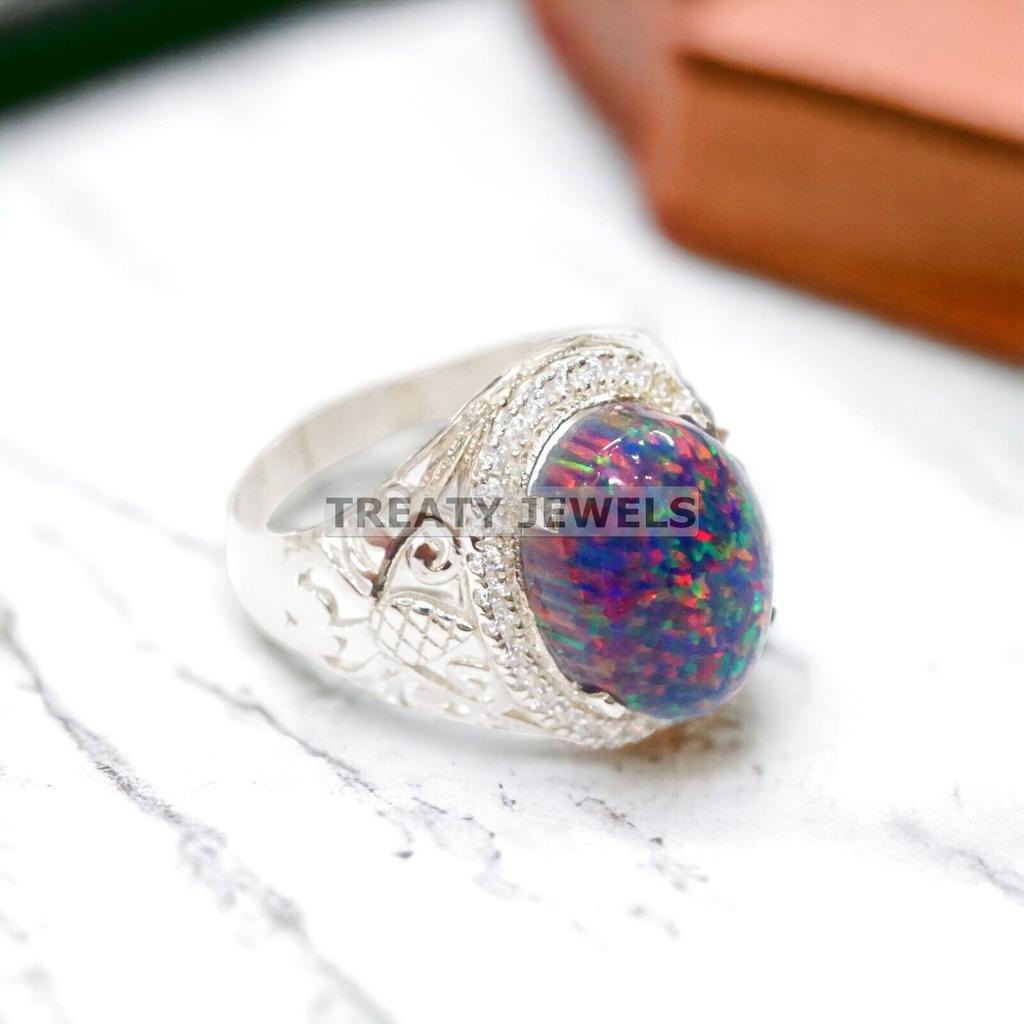 Black Opal Oval Cut Gemstone With 925 Sterling Silver Ring For Men's #272 JL375577072870