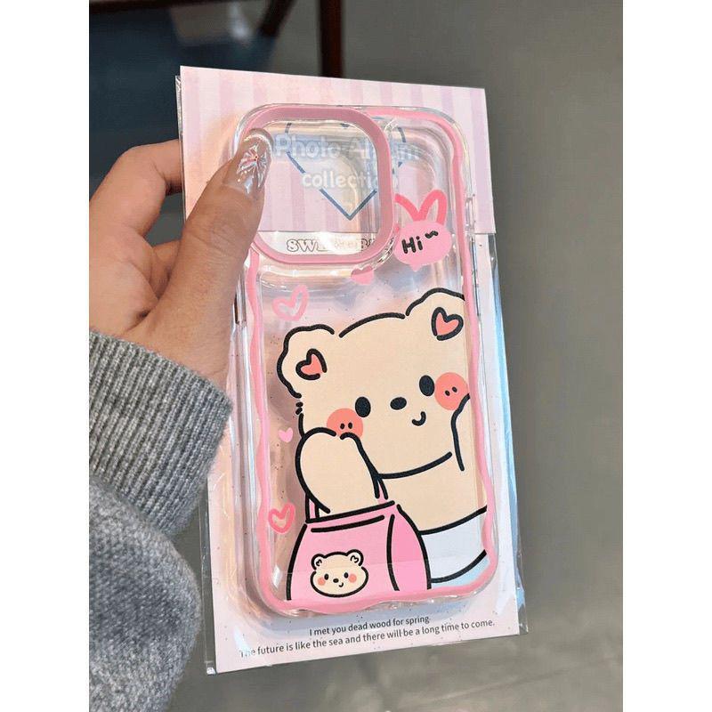 Милый розовый чехол для телефона с мишкой для Apple 13/14/15/16E/16Pro/15ProMax с точными отверстиями