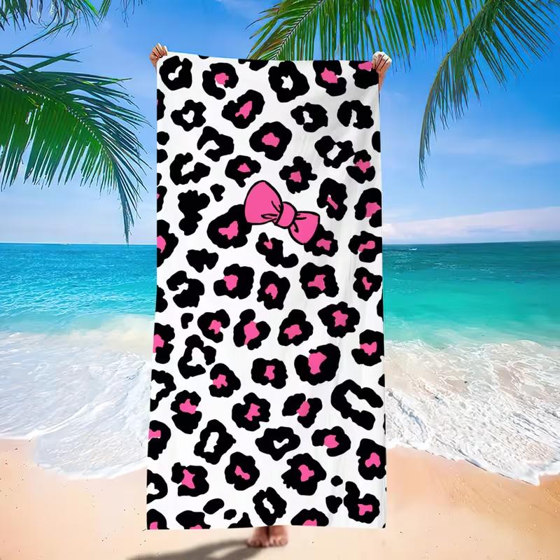 Pink Bow Black Leopard Print Beach Towel Soft Sand Free Quick Dry Towel For Summer Beach Pool Travel Holiday