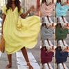 Ladies V Neck Short Sleeve Baggy Ruffled Sundress Loose Summer Beach Dress
