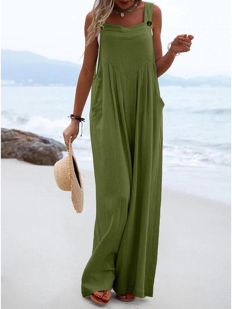 Women's Solid Color Casual Button Jumpsuit - European & American Style