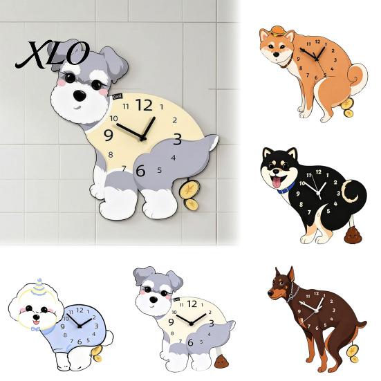 Dog Themed Wall Clock Pooping Clock, Wooden with Swinging Pendulum, Silent Non Ticking Modern for Living Room Home Office, Gift Lover Shaped