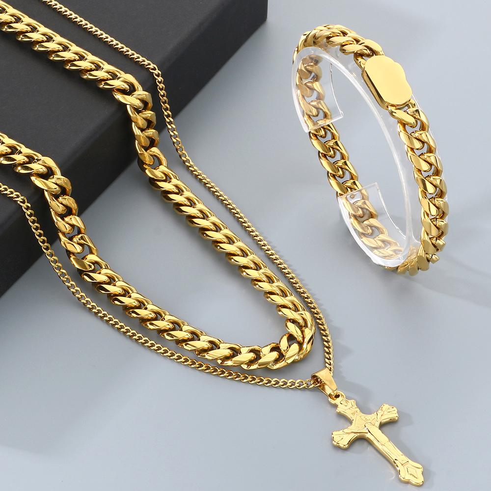 Мужское двухслойное ожерелье с подвеской-крестом для мужчин, золотистого цвета, из нержавеющей стали, цепочка кубинского плетения, ожерелья, браслеты, набор ювелирных изделий