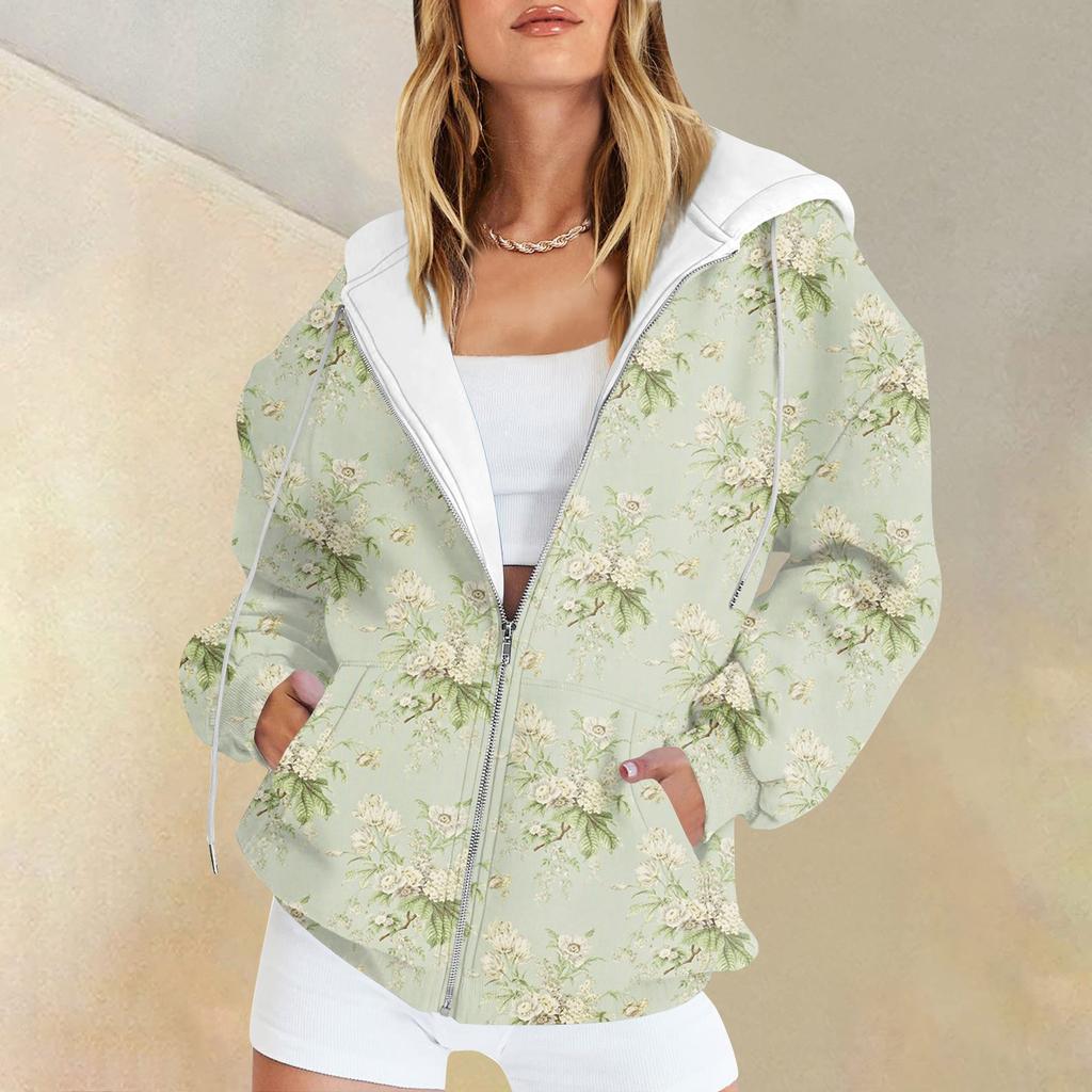 Женская мода повседневная спортивная одежда с цветочным принтом на осень и зиму с длинными рукавами и карманами, куртка-кардиган с капюшоном на молнии, куртка