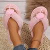 Fashion Retro Flower Detor Fur Flip Flops Women Comfort Faux Fur Warm Plush Slippers Woman Soft Slip On Light Cotton Slides Female