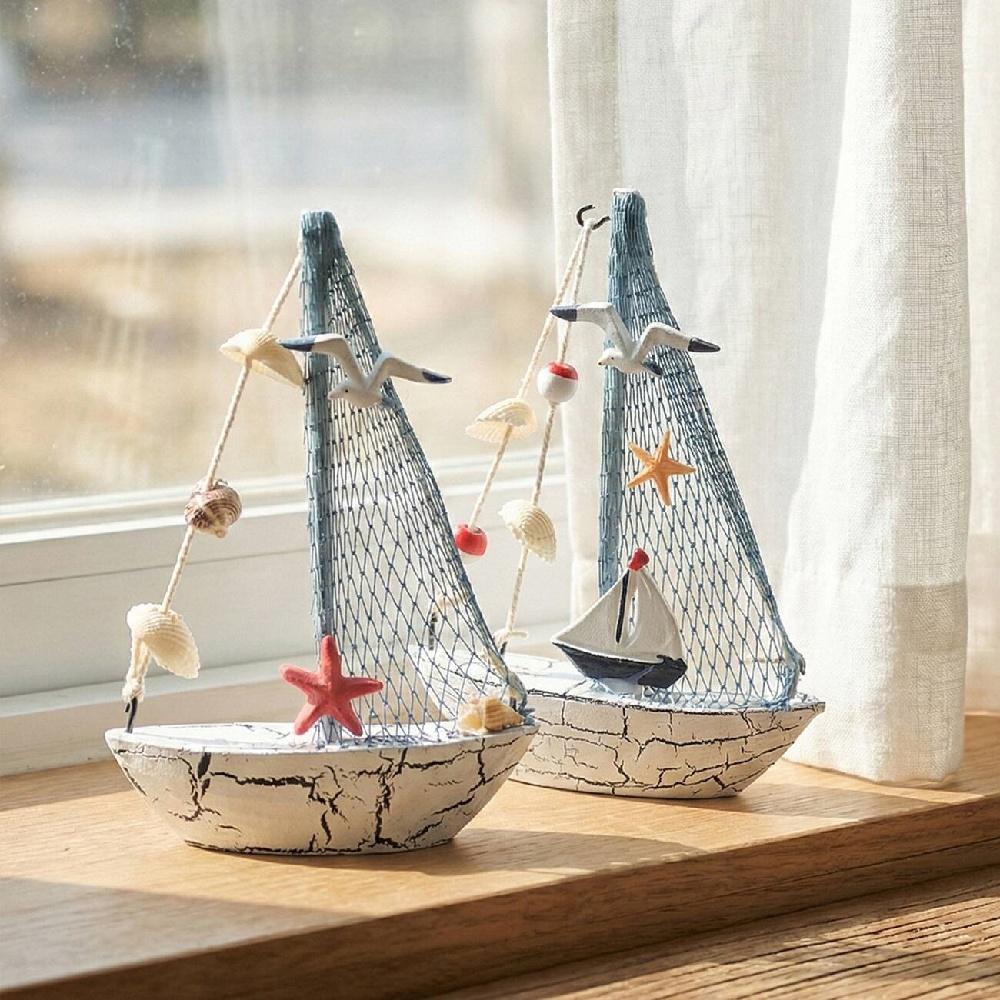 Mediterranean Wooden Sailboat Ornament Handcrafted Coastal Nautical Shelf Decor With Starfish Seagull Fishing Net Sails 2 Styles