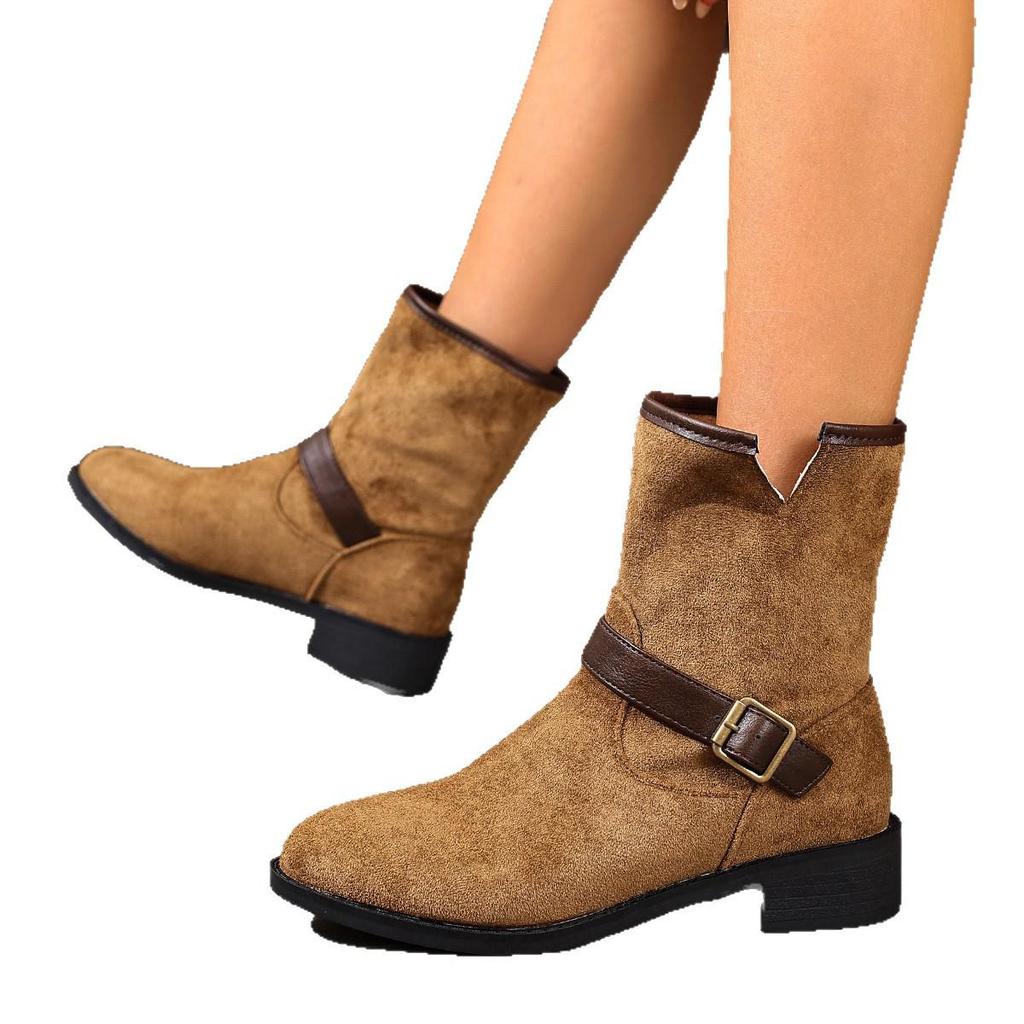 2025 Autumn/Winter Plus Size British Style Slip-On Chunky Heel Mid-Calf Boots for Women