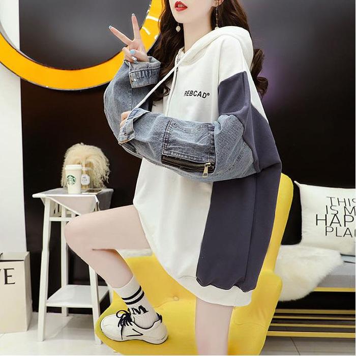 Женский повседневный худи с капюшоном в стиле пэчворк «Ковбой», модный пуловер с длинным рукавом на осень-зиму