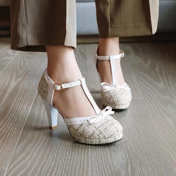Женские туфли-лодочки на шпильке с Т-образным ремешком, круглым носком и платформой, с ремешком на пряжке и бантом, праздничные туфли-лодочки для подруг
