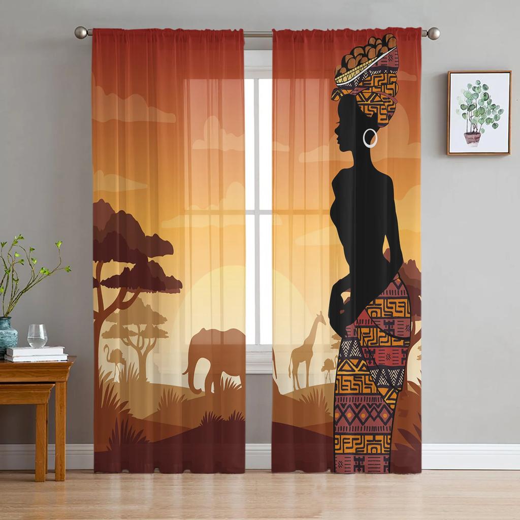 Ethnic Style African Women Black Women Sheer Curtains for Living Room Decoration Window Curtain Kitchen Tulle Voile Drapes
