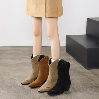 FOREADA Женские ботильоны ковбойские с квадратным носком на высоком блочном каблуке в западном стиле, короткие, повседневные ковбойские ботинки, модная женская обувь, зима