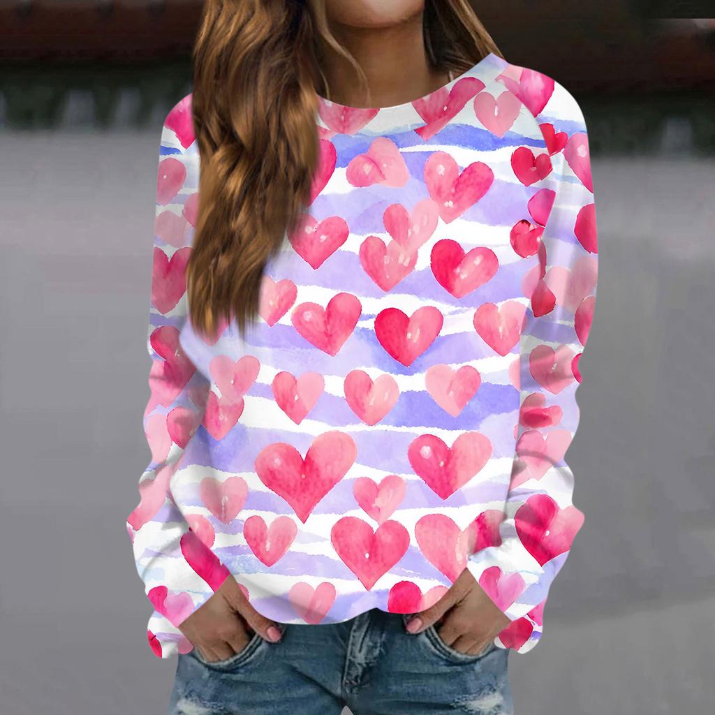 Женская модная повседневная толстовка с длинным рукавом и принтом на День святого Валентина и круглым вырезом
