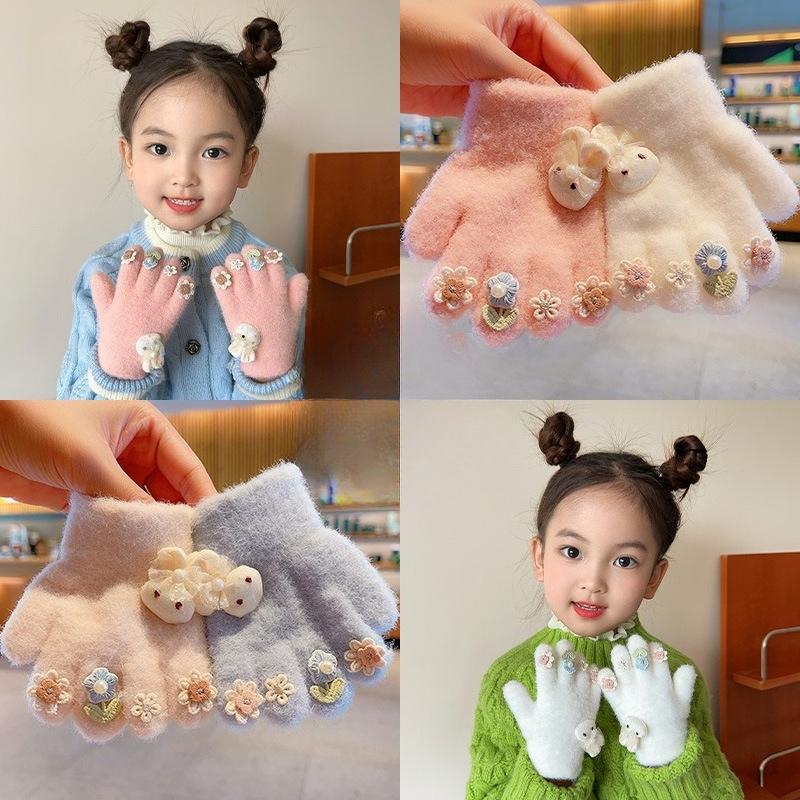 Winter Baby Girl Gloves Cute Bunny Flower Five Finger Separate Gloves for Toddlers Warm Anti-Cold Mittens for Infant