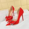 Fashionable High Heels Slim Heels Ultra-high Heels Shallow Cut Pointed Toe Side Hollowed Out Rhinestone Bow Single Shoes