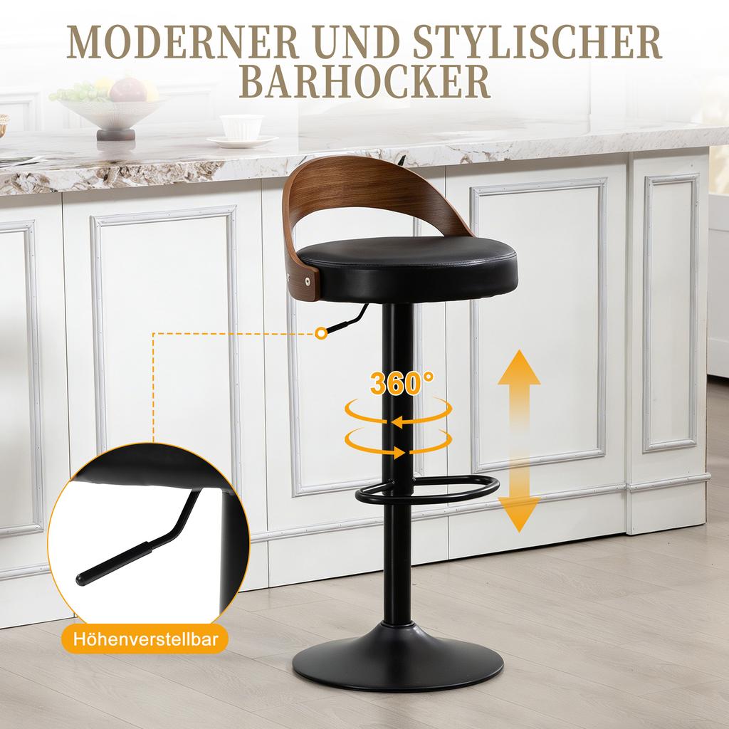 Set of 2 360 degrees Rotating Bar Stools with Backrest, Black Walnut Wood, PU Seat Cushion, Height-Adjustable (Black PU Leather)