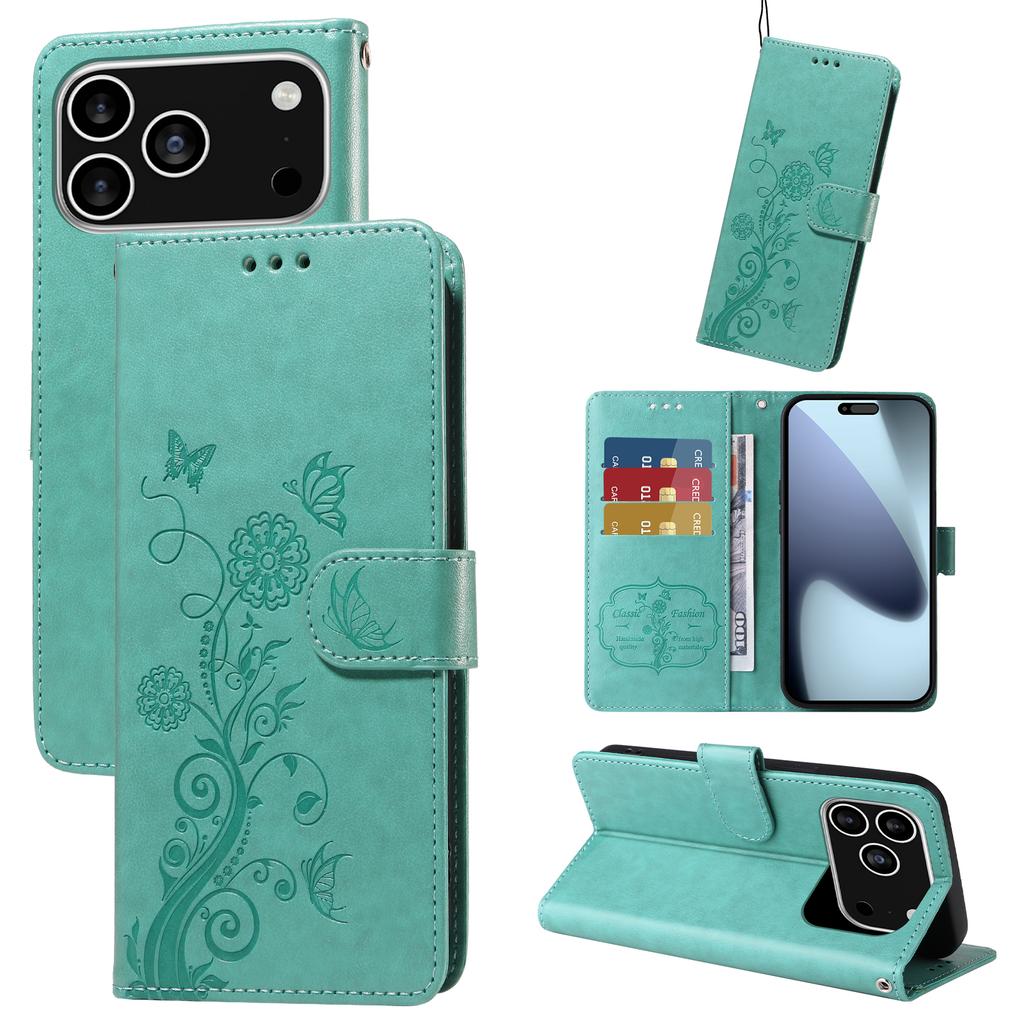 For iPhone 17 Pro Leather Case Butterfly Floral Imprint Wallet Stand Cover