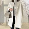 Fall Winter Women Jacket Button-down Round Neck Loose Long Sleeves Straight Woolen Coat Mid Length Pure Color Outerwear for Commuting Dating And Prom