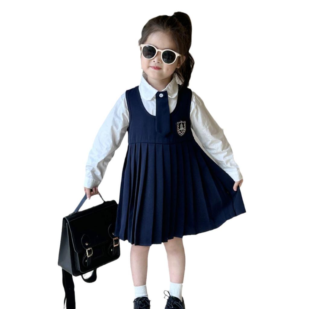 Весенне-осеннее детское платье в консервативном стиле, топ на бретелях, плиссированные платья + рубашка с длинными рукавами и вышивкой этикеток, официальная одежда для девочек, униформа