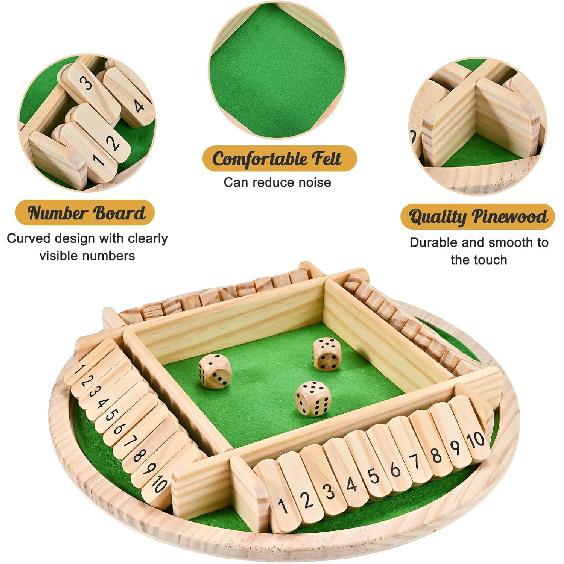 Shut The Box Game (2-4 Players), Wooden Shut The Box Dice Game, Wooden Board Game for Adults Kids, for Family Classroom Home or Bar