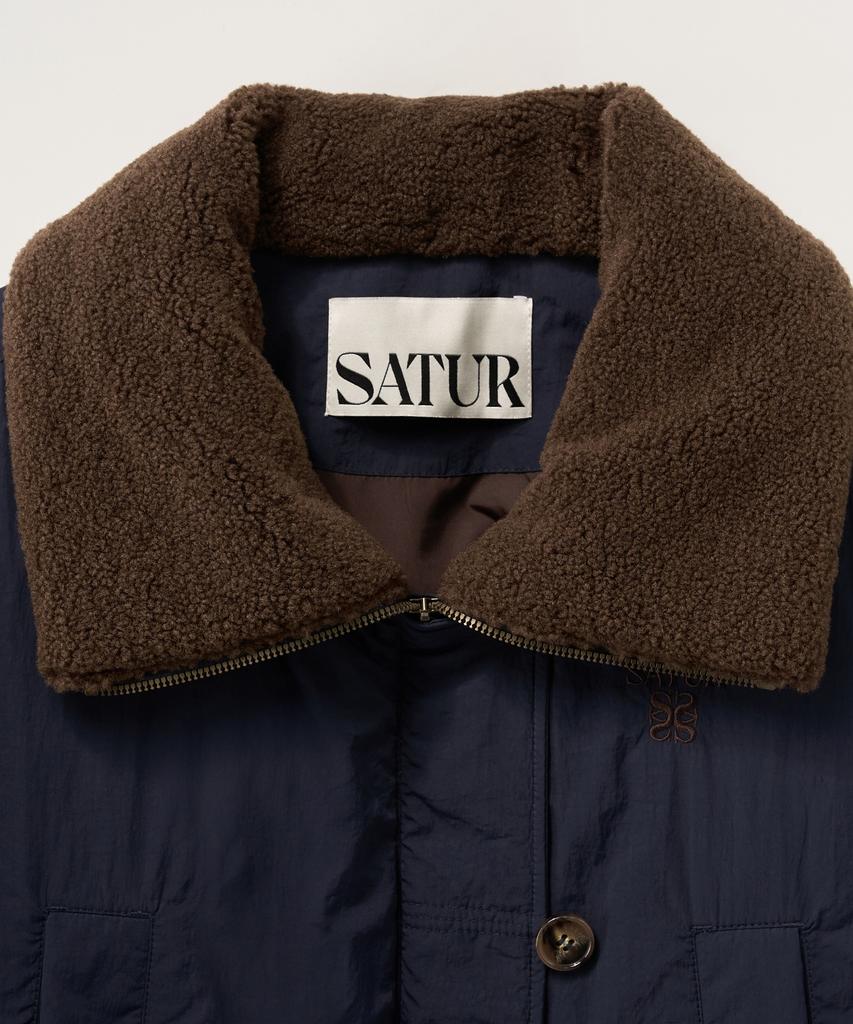 SATUR (W) Wide Collar Crop Padded Jacket Navy