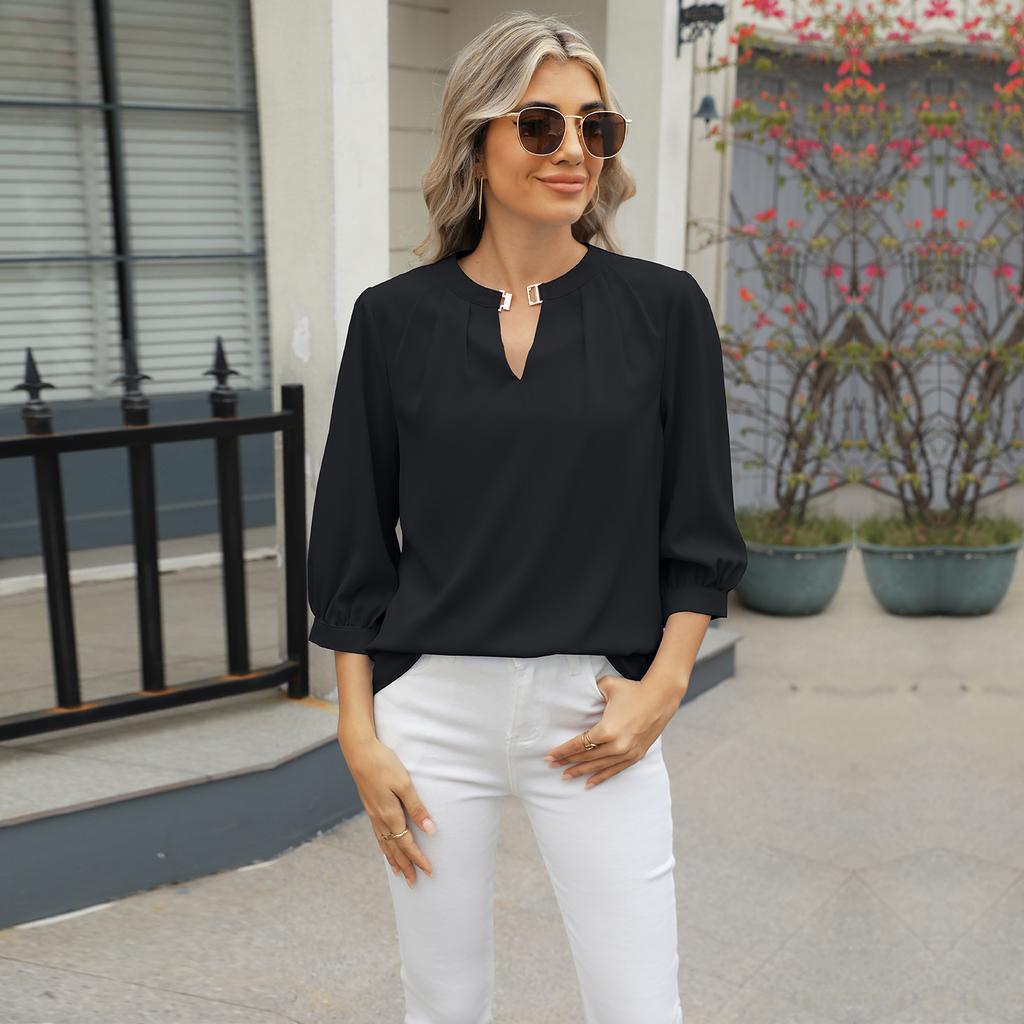 Женская весна-лето с коротким рукавом и круглым вырезом, однотонная рубашка-пуловер, блузка, топ