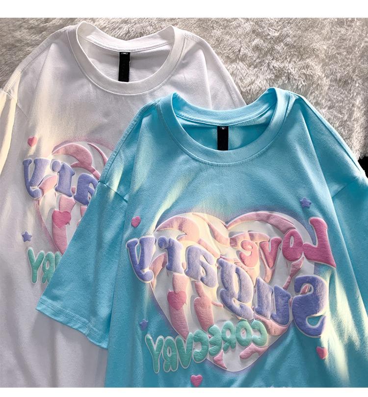 Женская хлопковая футболка оверсайз с синим принтом в виде сердца - Сладкий и пикантный летний стиль